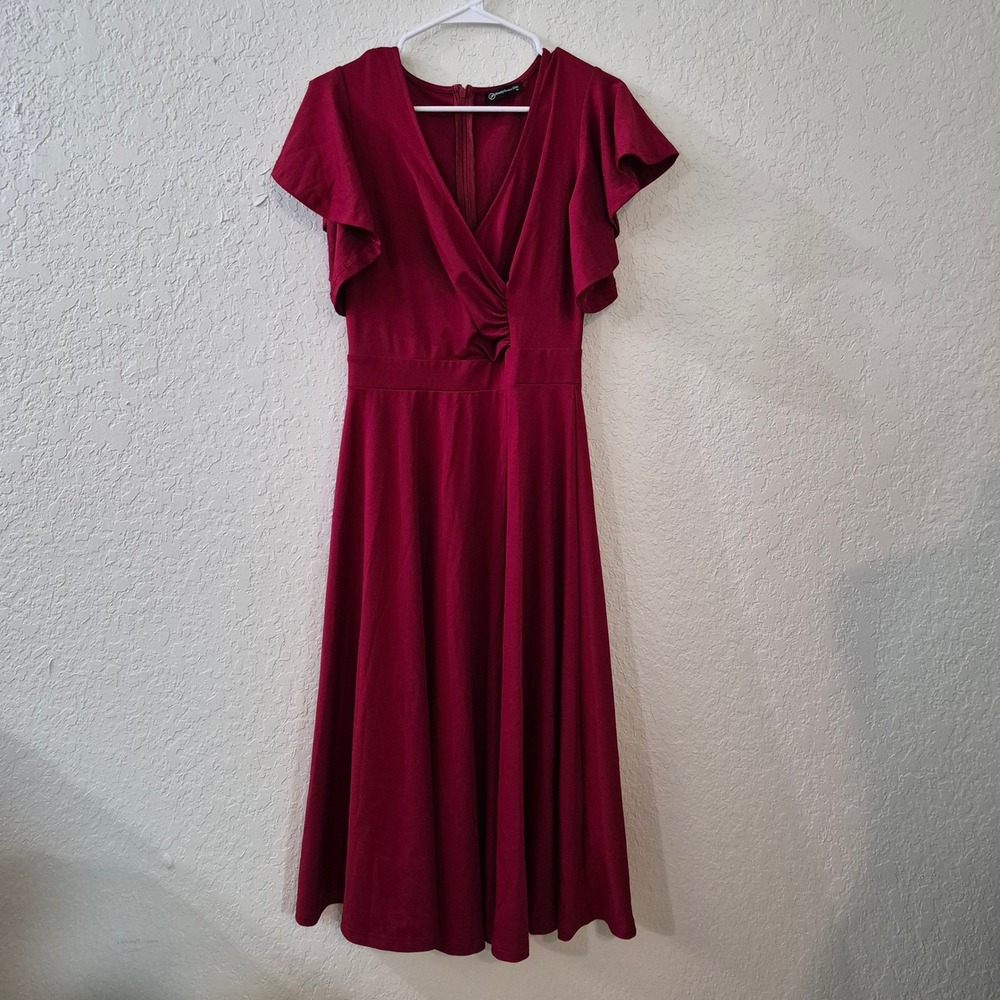 PrettyGarden Chic Flutter Sleeve Wrap Midi Dress M Burgundy Red Wedding Guest